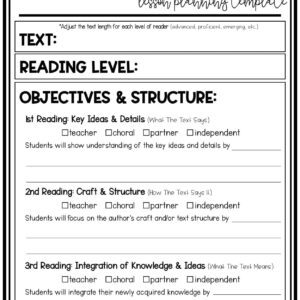 Differentiated Close Reading Planning Page