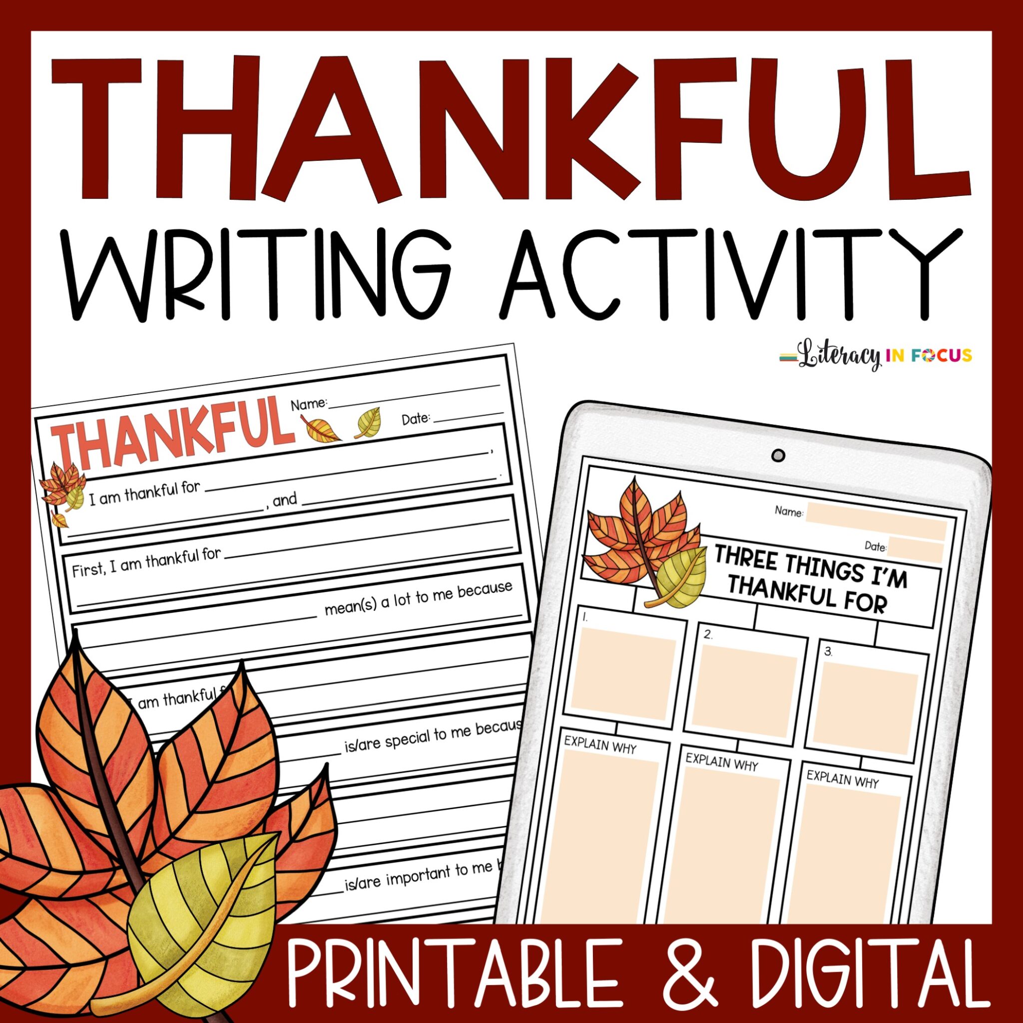 Printable and Digital Thankful Writing Activity