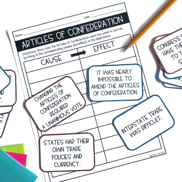 Articles of Confederation Cause and Effect Activity